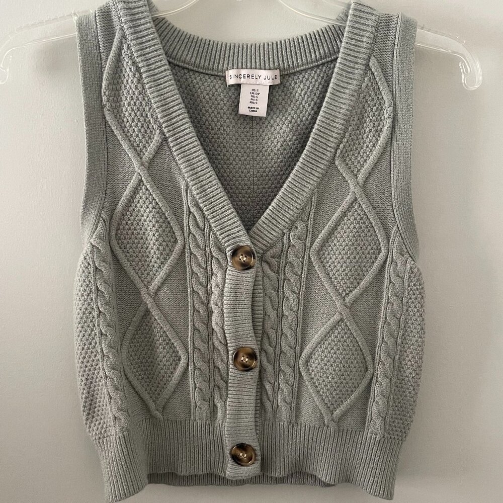 Women’s Corchet Knitted Sage Green Sweater Vest V Neck Cardigan